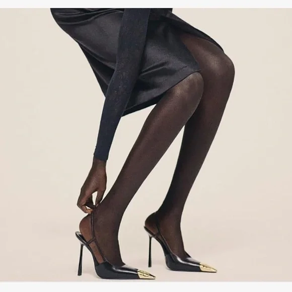 Black Slingback Heels Gold Metal Pointed Toe Stiletto Pumps Size 9 - Picture 2 of 11